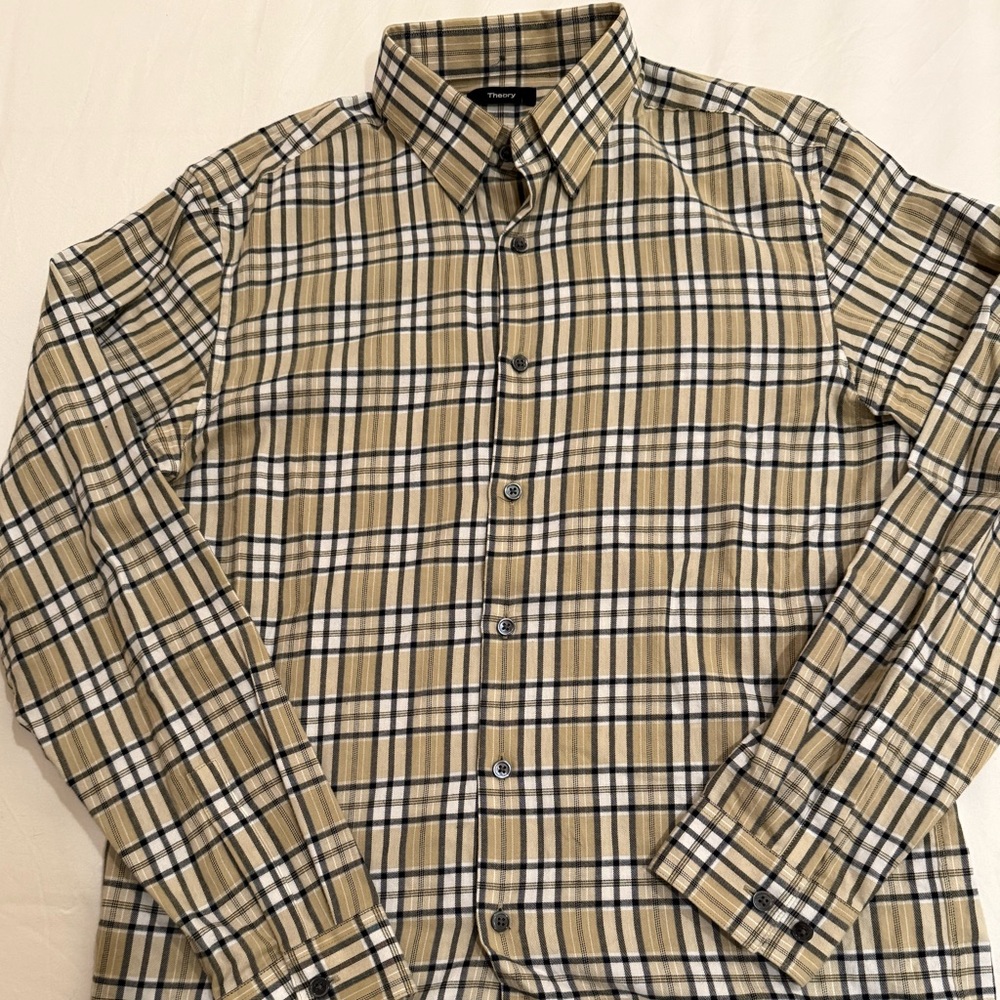 Theory Men's Beige Plaid Button-Down Shirt